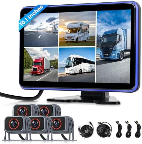Cámara de Visión Trasera Kit con 5 Cámara con 10.1 Pulgadas IPS Monitor con Cable de 5M + 15M, IP68 Impermeable, Visión Nocturna, BSD, Vídeo en Bucle,...