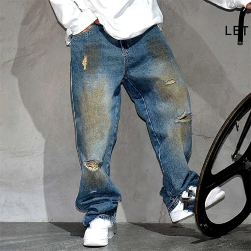 Men’S Vintage Hip Hop Ripped Baggy Straight Denim Pants Button Fly Distressed Streetwear Skateboard Full Length Jeans3