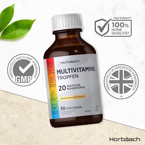 Multivitamin Komplex Tropfen | 480ml | Vegan | 20 essentielle Nährstoffe | Hochdosiert Vitamin | 30 Portionen | Orangengeschmack | Horbaach