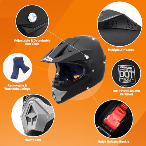 OUMURS DOT Adult ATV Dirt Bike Helmet with Goggles Gloves & Mask Adjustable Sun Visor Motorcycle Adult Helmet Off-Road Motocross Downhill Moped MX for Unisex-Adult OUMURS 125A-Matte Black, XL by Oumurs - Image 2