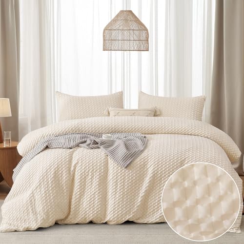 Waffle Seersucker Duvet Cover Set for Teens Adults Biege Checkered Puckering Bedding Set with 2 Pillowcases Breathable Microfibre Duvet Cover Double Size 200×200 cm