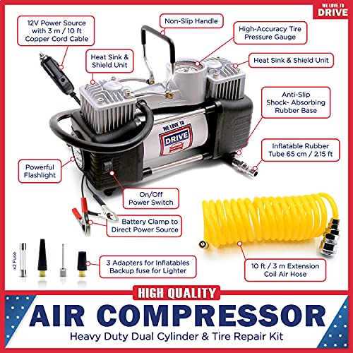 Kit de reparo de bomba de ar e pneu – Compressor de ar portátil de 12 V CC 150 PSI e kit de emergênc