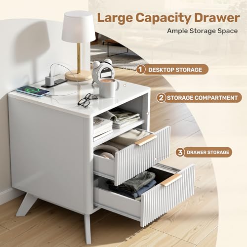 Image of Modern Nightstand Set of 2,Side Table with Charging Station,Bedside Tables with Drawer, Mid-Century End Tables for Bedroom, Sturdy Storage Side Tables,White