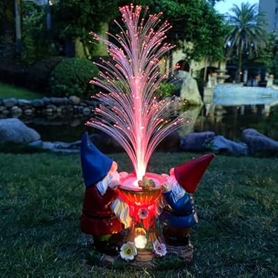 RCTTICUU Gnome Statue Solar Garden Decor with LED Lights, Resin Gnomes Figurine and Colour Changing Optical Fiber Solar Light,Outdoor Decorations for Balcony, Patio, Yard, Lawn, Gifts for Women