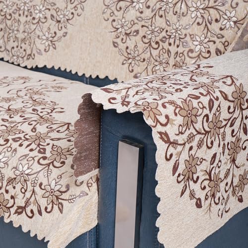 Image of Premium Chenille Woven Anti-Slip 7 Seater Sofa Cover with Arm Rest | L-Shape Sofa Seat Protector for Living Room | Durable & Stylish Slipcover - Beige - Phoolkari