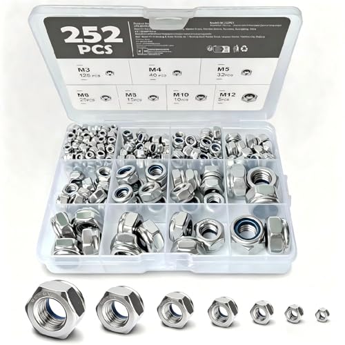 252 PCS Locknuts Assortment Kit Nuts and Bolts Set with Nylon Insert Locking Nuts M3 M4 M5 M6 M8 M10 M12 Assorted Nuts and Bolts for DIY Maintenance & Automotive Use