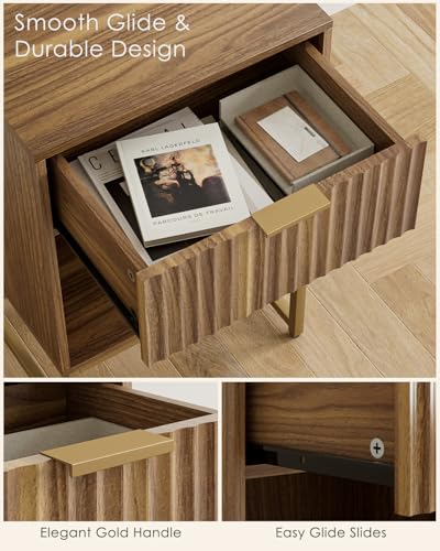 Image of Masupu Fluted Nightstand,Modern Night Stand Wood Bedside Table with Storage Drawer Side End Table for Bedroom,Office,Walnut Brown