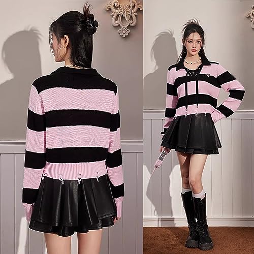 Black and Pink Striped Sweater, Trendy Lapel Tie Sweater, Vintage Top4
