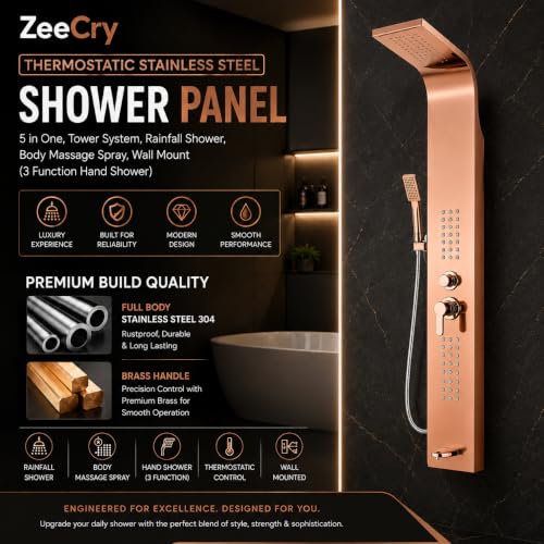 Image of ZeeCry Shower Panel Thermostate Stainless Steel 5 in One, Tower System, Rainfall Shower, Body Massage Spray, 3 Function Hand Shower (Rose Gold)