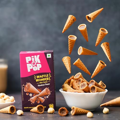 Image of Pik n Pop Hazelnut Mini Waffle Cones, Crispy Cones with Creamy Hazelnut Filling, Whole Wheat, Non-Meltable Ready-to-Eat Snack, 100% Eggless, 70g (Pack of 3)