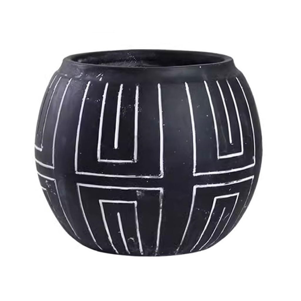 GELASIGE Flower Pots Retro Fashion Old Cement Round Flower Pot Creative Black Pattern Green Plant Flower Pot Ornaments Outdoor Flower Pots(B)
