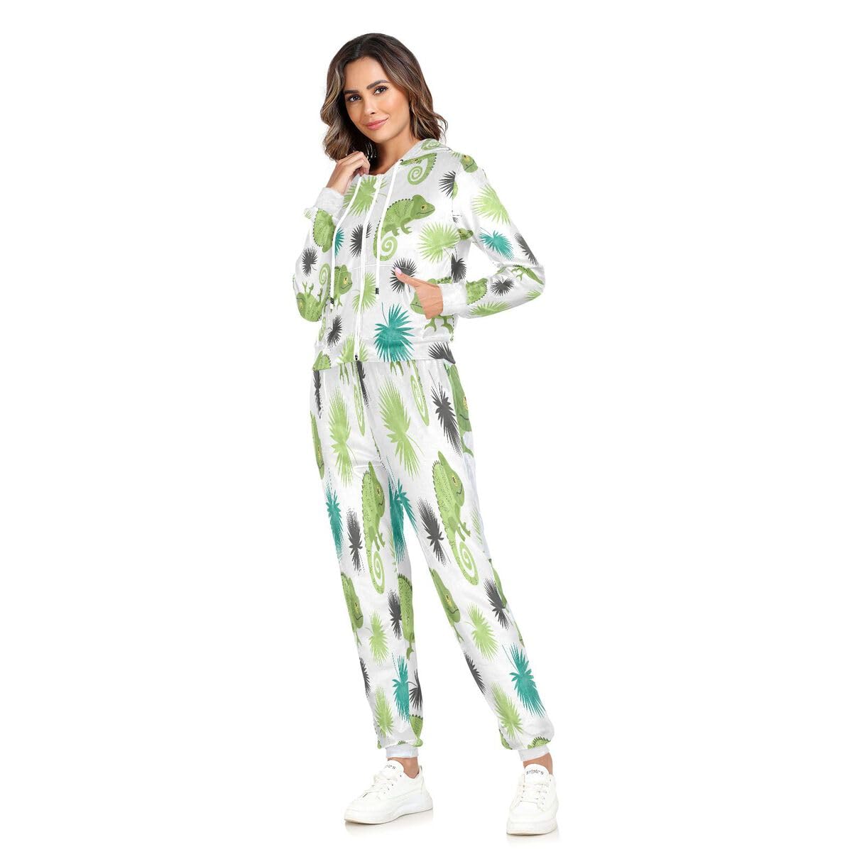 Conjunto deportivo de 2 piezas para mujer, diseño de hojas de palma, camaleón tropical, conjunto deportivo de manga larga, color verde