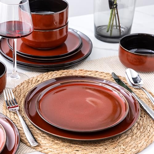 Image of LeRatio Ceramic Dinnerware Sets for 4,Porcelain Plates and Bowls Sets,Handmade Reactive Glaze Dishes Set,Chip Resistant and Scratch Resistant | Oven&Dishwasher & Microwave Safe,Service for 4-Red