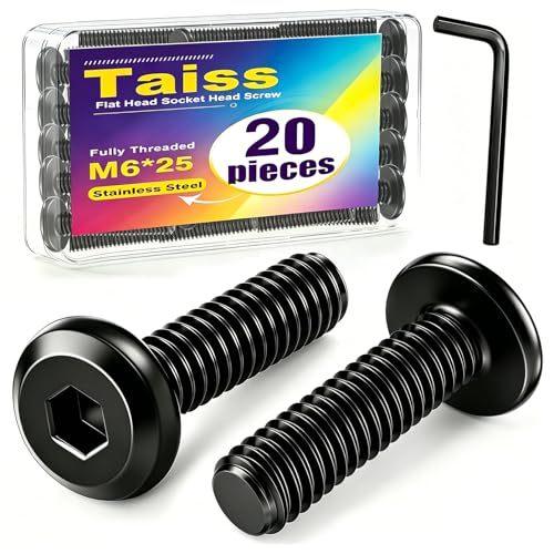 Taiss 20pcs M6 x 25mm Flat Head Socket Head Screw Furniture Bolts,Furniture Screws Stainless Steel 18-8(304),M6 Bolts Black Zinc Plated Fully Threaded,Countersunk Connector M6 Screws with Hex Spanner
