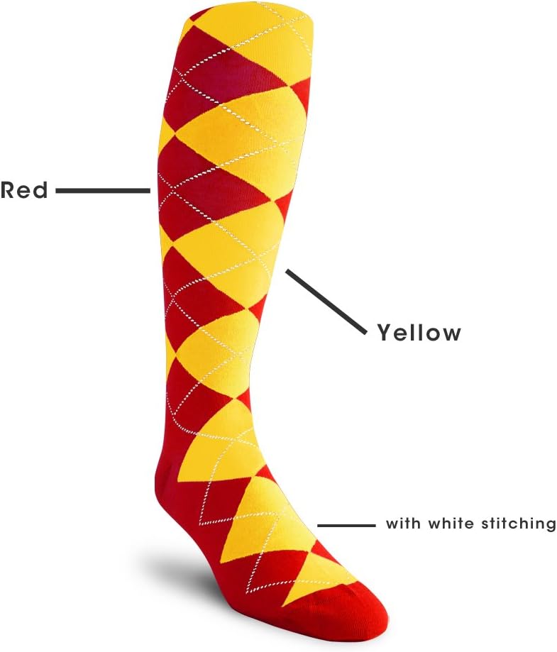 Colorful Knee High Argyle Cotton Socks For Men Women and Youth (AA-ZZ) Red/Yellow 10-13