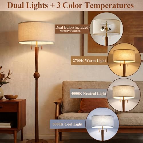 Image of MOFFE Solid Wood Floor Lamp for Living Room with Wooden Pull Chains