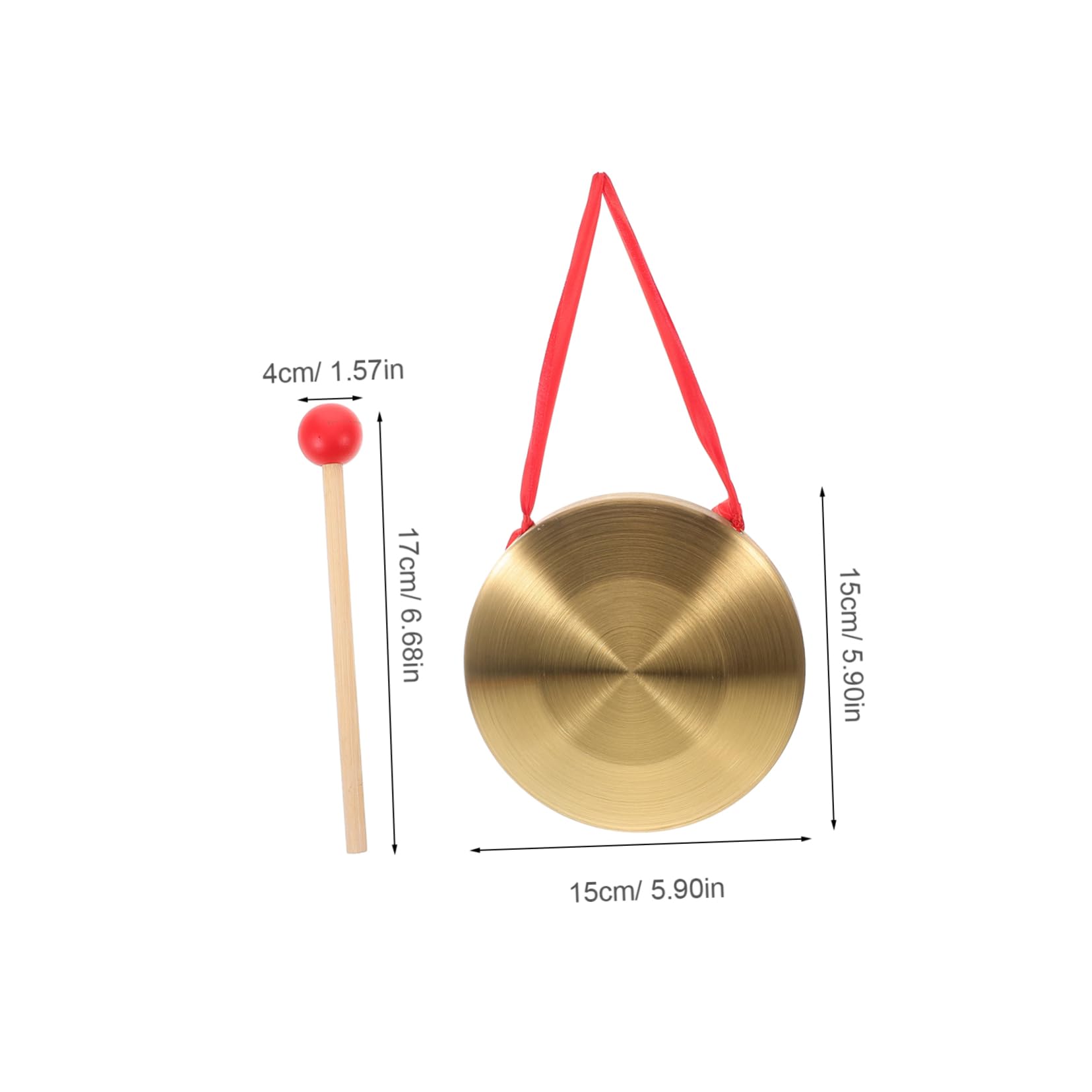 Gong cinese in ottone con martelletto in legno e nastro decorativo, strumento a percussione for matrimoni, celebrazioni e gruppi di musica etnica. N. 1018