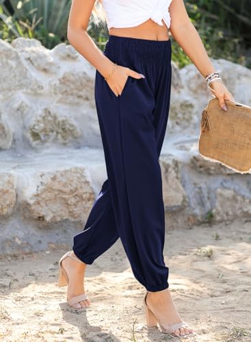 Fall Smocked High Waist Joggers Pant with Pockets for Women3