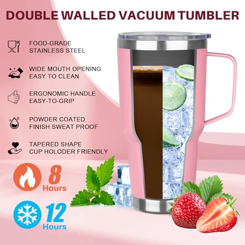 Image of 30 oz Tumbler with Handle, Stainless Steel Insulated Tumbler with Lid and Straw, Double Wall Vacuum Insulated Coffee Mug Tumbler, Insulated Coffee Thermal Cup for Cold and Hot (Pink)