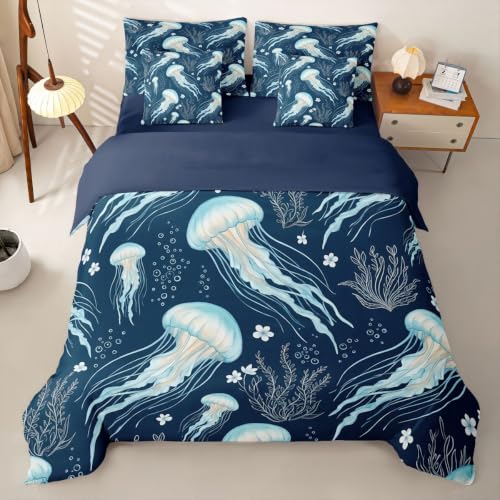 Loussiesd Juego de funda de edredón tamaño King con sábanas para niños y niñas, diseño de medusas, mundo submarino, 7 piezas, decoración de habitación, microfibra suave y ligera