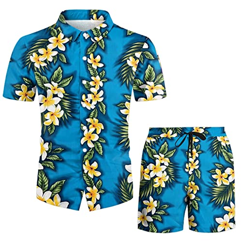 Glvsz Men's Spring/Summer Leisure Sports Hawaii Beach Style Stitching Stripe Print Short Sleeved Shirt Pants Mens Wool Tuxedo Sky Blue #TOP1