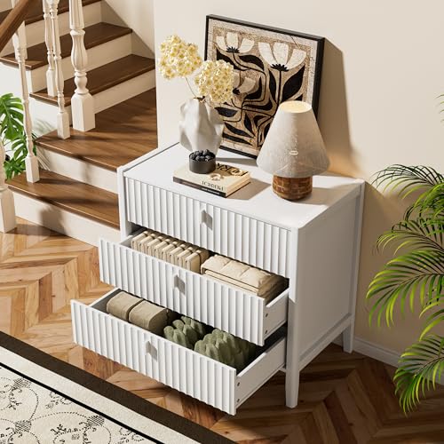 Image of Furniway Nightstand Set of 2, Modern End Table with Solid Wood Legs, Bedside Table with 3 Drawers and Metal Handles for Bedroom, White