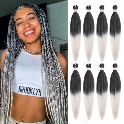 Ombre Grey Braiding Hair Pre Stretched 20 Inch 8 Packs Salt and Pepper Braiding Hair Extensions for Crochet Box Braids Twists Locs Hair Itch Free Soft Yaki Texture Hot Water Setting (20inch,#1B/Gray)