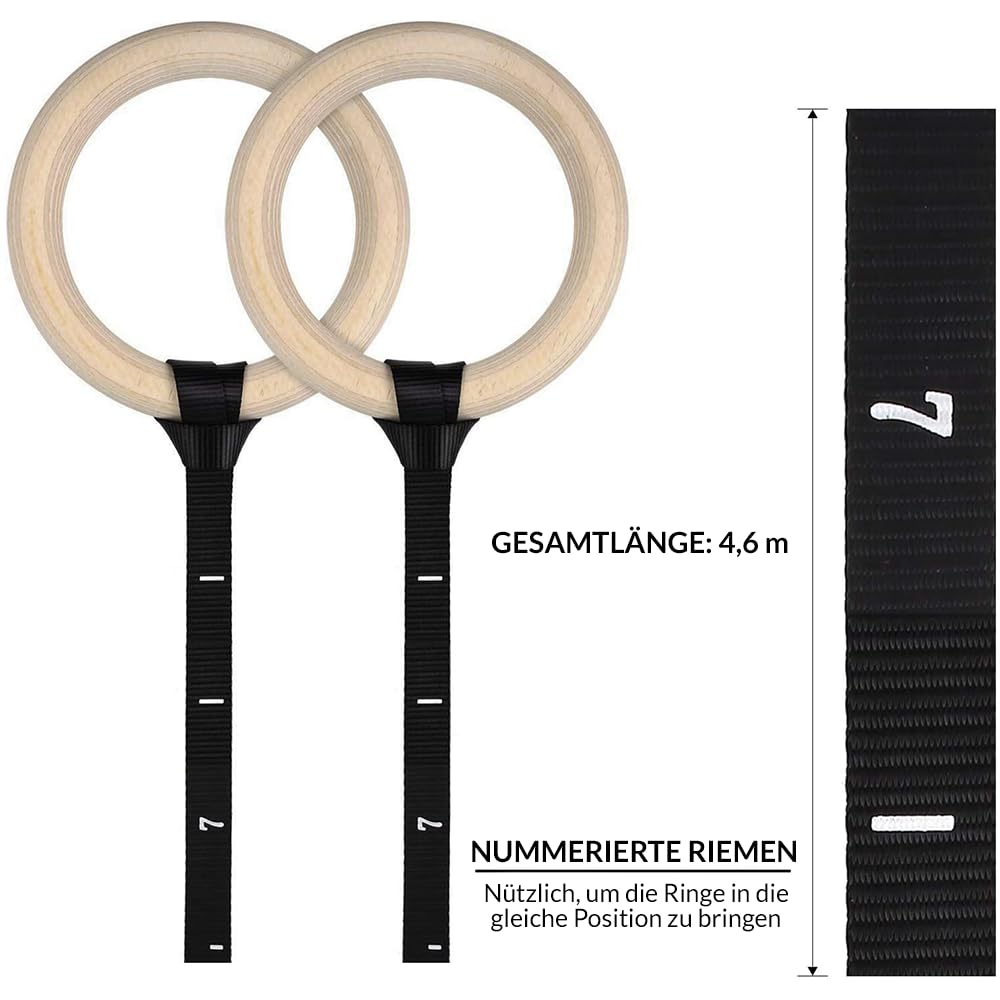 Gymnastikringe für Suspension-Training, Ringe Turnen Holz für zu Hause und im Freien, Dips-Klimmzüge, Freikörpertraining, Gymnastik, Stärke 32 mm, verstellbare Träger