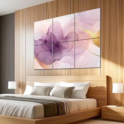 6 Pack Paneles Acústicos de Arte Absorbentes de Sonido con Diseño Abstracto en Mármol Blanco y Remolinos Morados con Detalles Dorados, Paneles Decorativos Autoadhesivos para Estudio de Grabación y Oficina 72"x48" miniatura 5