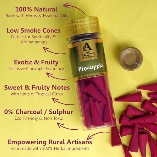 Image of The Aroma Factory Incense Dhoop Cone, Pineapple (100% Herbal & 0% Charcoal) 3 Bottles x 30 Cones