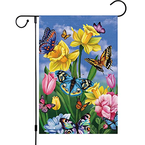 Louise Maelys drapeau jardin printemps 12x18 toile bilatéral papillons fleurs