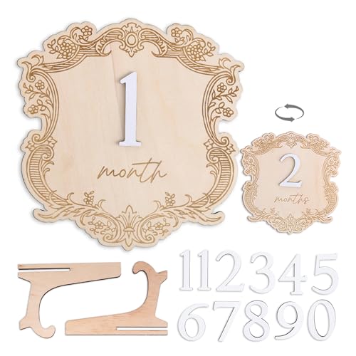 Vintage Wooden Baby Monthly Milestone Set, Elegant Engraved Frame with