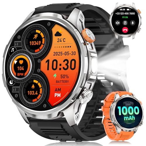 Smartwatch Herren Militär mit 1000mAh Akku, 1,91' AMOLED Armbanduhr, LED Taschenlampe/5ATM Wasserdicht Fitnessuhr mit Telefonfunktion 110+ Sportmodi/Herzfrequenz/Schlafmonitor/SpO2 iOS Android Silber