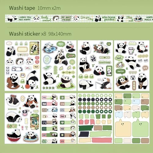Image of The AutoStory Bear Scrapbook Album A6 Junk Journal Notebook Cute Animal Stickers Bamboo Collage Paper Washi Tape DIY Craft Art Making Stationery Present Teen Girls Set (Lovely Pandas, Green)