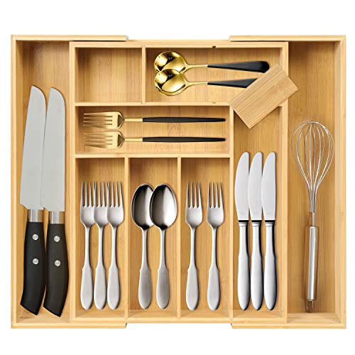 aceyoon Drawer Organiser Expandable, Bamboo Cutlery Tray Kitchen Drawer Dividers 8 to 10 Compartments Utensil Drawer Organiser Large Adjustable Silverware Organizer 32-49 x 41x 5 cm