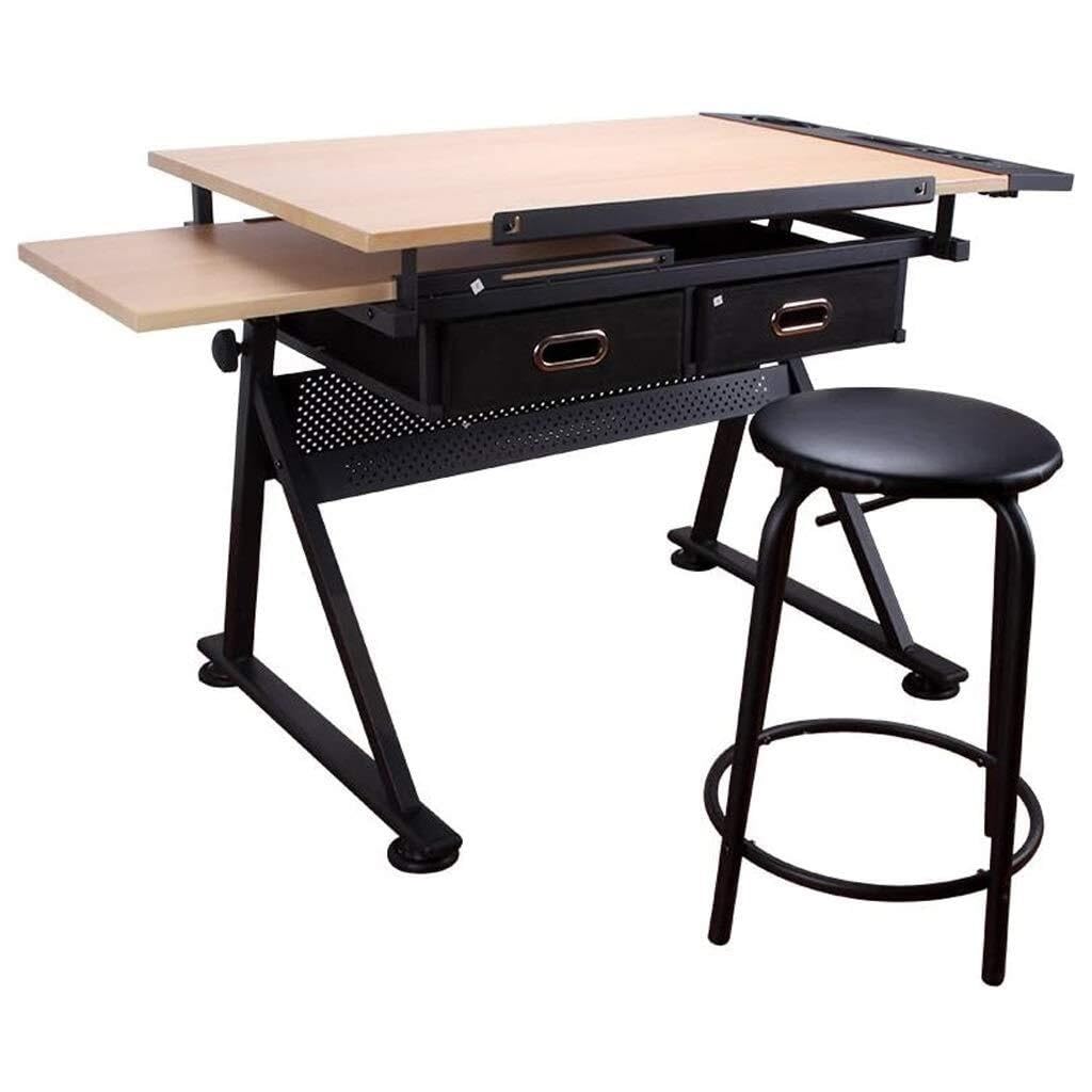 OTQEFTN Height Adjustable Drafting Desk with Tiltable Maple Panel Work Surface, Ergonomic Drawing Table with Storage, Ideal for Home Office and Art Studios