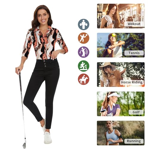 Image of Soneven Womens Golf Polo Shirts 3 /4 Long Sleeve V Neck Button Down Shirts Business Causal Work Blouses Tops