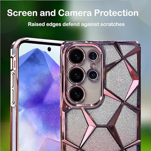Image of VONZEE Gradient Glitter Case for Samsung S25 Ultra, Luxury Electroplated 3D Cube, Diamond Bling Shiny Soft TPU Clear Shockproof Women Girls Protective Phone Cover (Rose Gold)