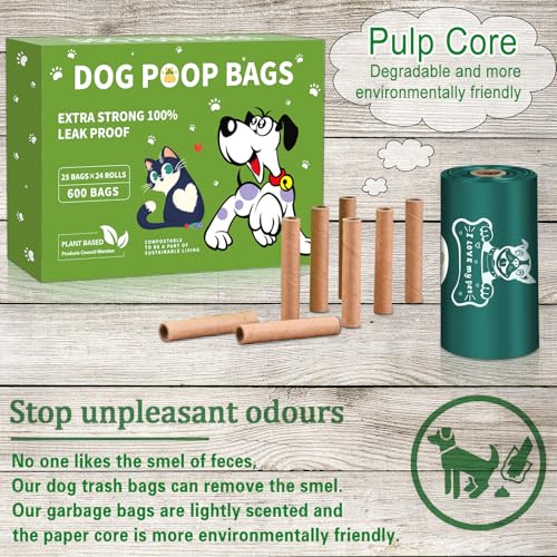 JEDWKFA 600 Stück/24 Rollen Hundekotbeutel, Auslaufsichere und extra dicke Kackbeutel für Hunde, mit Spender, Taschen für Hunde, Geeignet für den Außenbereich, Hundekotbeutel mit duft, tragbar, Grün