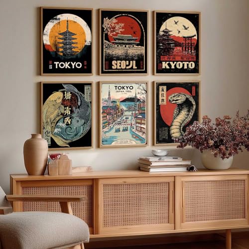 Image of HOTHOUSE Aesthetic Japanese Nature and City View Wall Framed Posters | Japanese Nature and City View Framed Poster for Living Room Bedroom Gaming Room Studio Wall Decor Set Of 6 (13X17 inch)