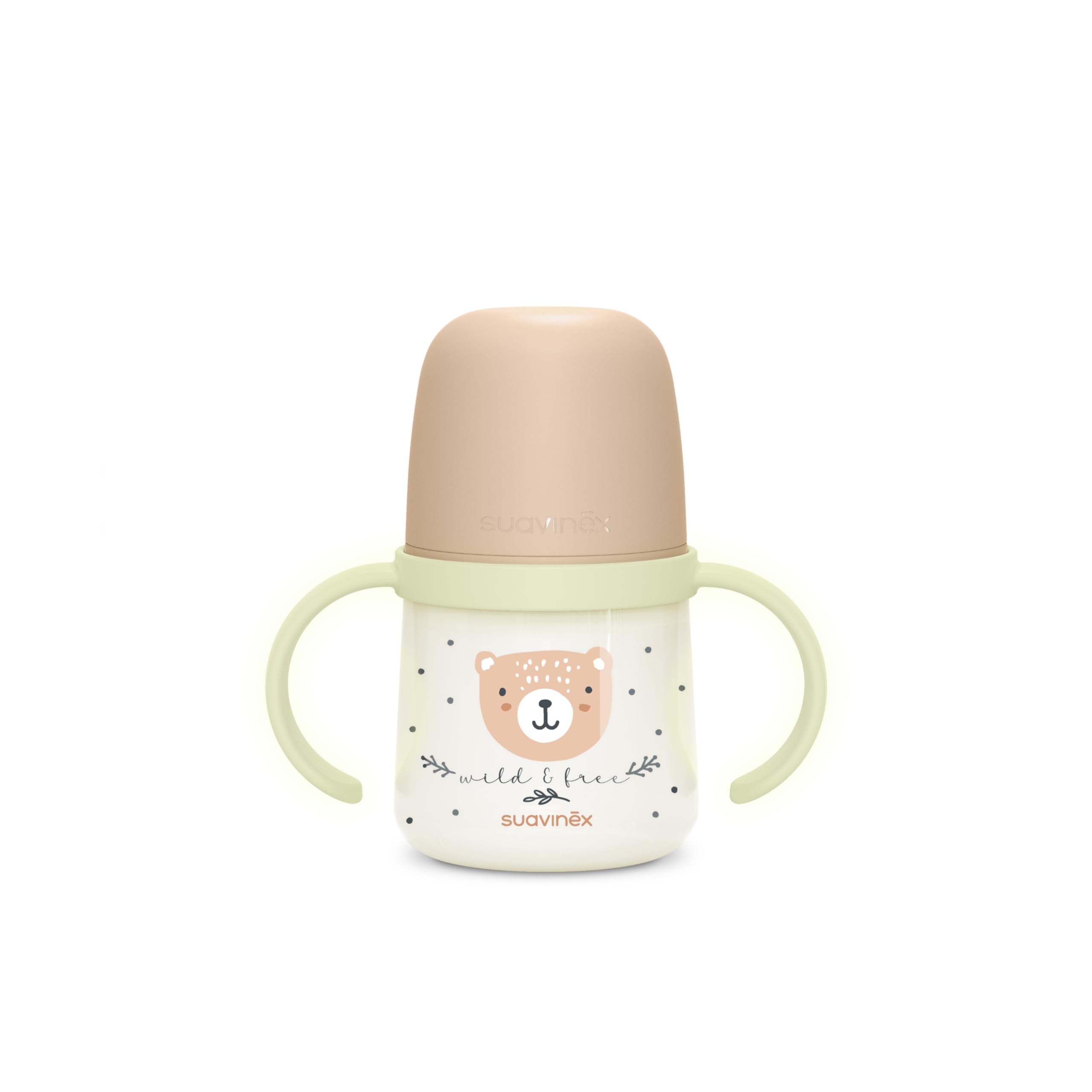 Suavinex, Tasse Apprentissage Bébé, Biberon avec Poignée, Brillent dans le Noir, Gobelet avec Bec Anti-fuites en Silicone, avec Valve Anti-Colique, pour Bébés +6 Mois, Idéal Nuit, 150 ml, Beige
