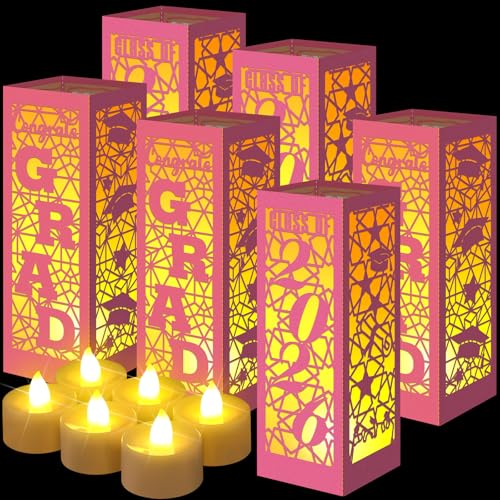 Image of Rossesay 6 Pcs Graduation Table Centerpieces Boxes Class of 2026 Graduation Lanterns for Centerpieces with LED Candles Congrats Grad School College Photo Props for Party Table Decoration (Pink)