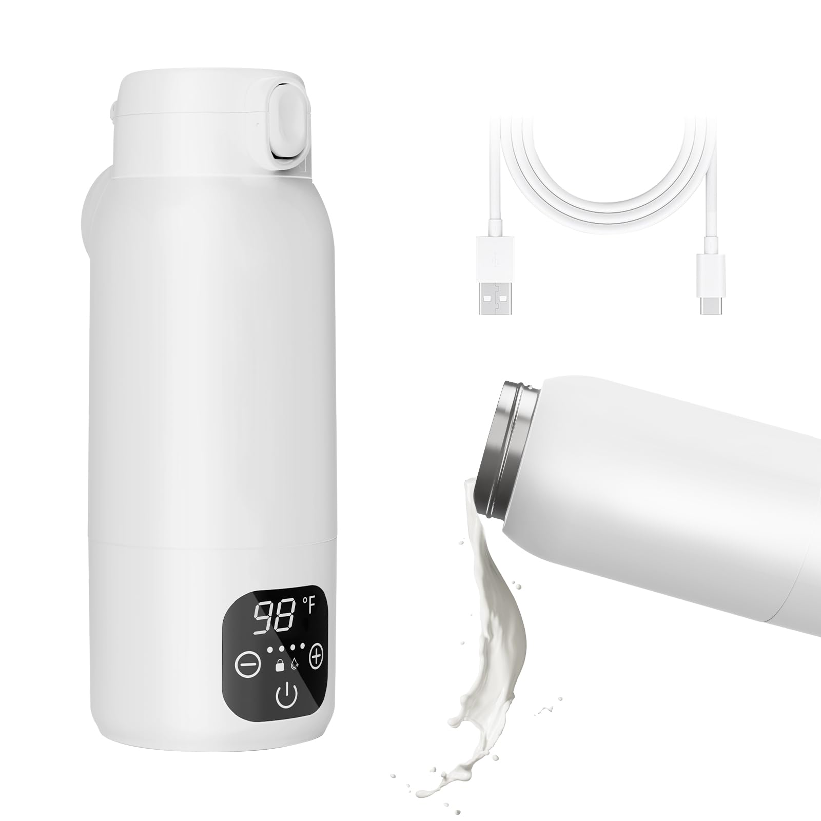 Chauffe-biberon portable pour voyage, 36,7 °C à 55 °C, contrôle précis de la température, chauffe l'eau ou le lait, chauffage rapide et isolation de 24 heures avec batterie de 10 400 mAh, capacité de