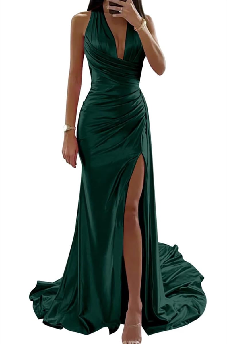 WSEYU Vestidos de dama de honor, vestidos formales de satén largo para mujer, invitada de boda, corte sirena, plisados, espalda descubierta