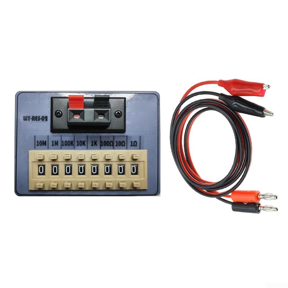Scatola di resistori portatile grigia con otto per interruttori a quadrante per test di circuito preciso e regolazione della resistenza variabile da ohm punto a dieci megaohm in impostazioni di