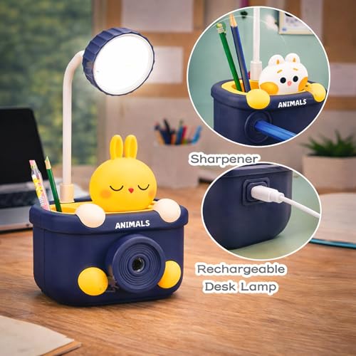 Image of WISHKEY 3 in 1 Night Lamp USB Chargeable Light for Bedroom, Night Lamp for Kids with Pencil Sharpener & Pen Holder Stand Girls & Boys, Plastic Design for Child's Room Blue