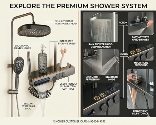 Image of X-XONIER Luxury Thermostatic Shower System with Rainfall Showerhead, 5-Way, Piano Key, Mixer Valve, Integrated Storage Shelf, 3 Ways Multi-Function Handheld Spray, and 2 mode Bidet Sprayer. Grey