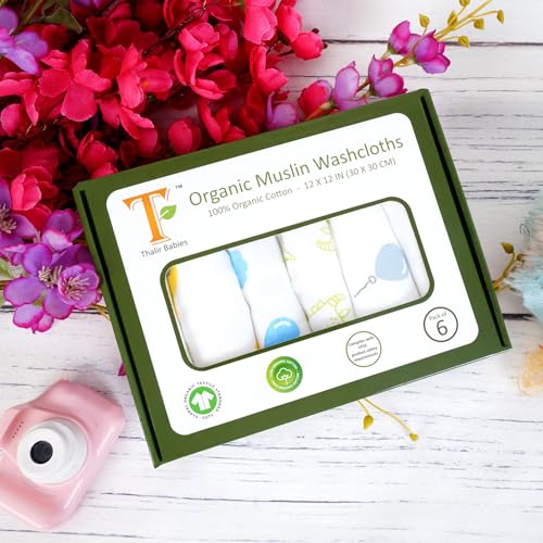 Image of T 100% Organic Muslin Cotton Baby Washcloths - GOTS Certified - complies with CPC - Pack of 6 (White Base, Sea2Sky)