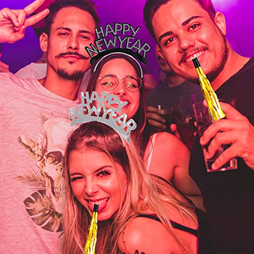 24 Pieces New Years Eve Party Supplies 2026,Happy New Year Headband Tiara,Metallic Fringed Noise Makers Gold Sliver for Kids and Adults - Image 5