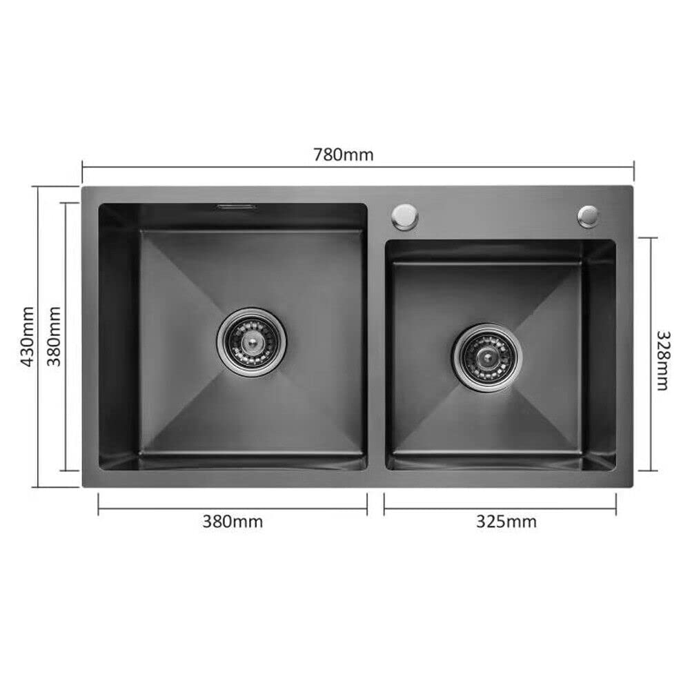 Lavello da Incasso in Acciaio Inox Nero, 1 Vasca, Grande capacità, Doppia Vasca con Dispenser di Sapone e scolapasta (78 x 43 cm, 2 vasche) - Lavello da Cucina